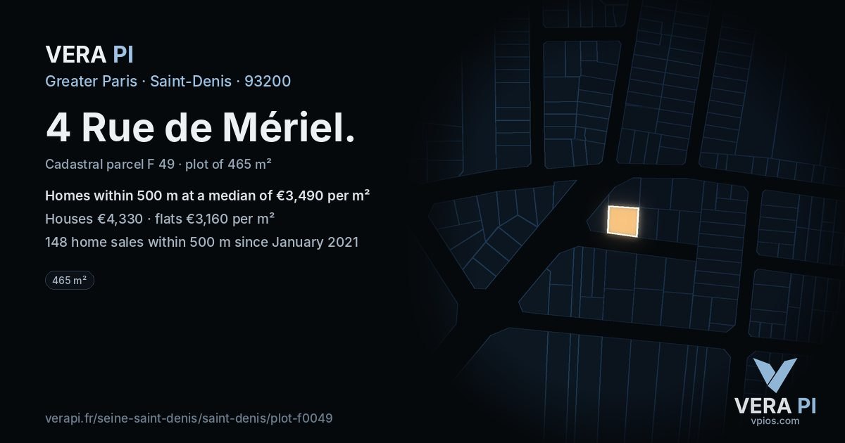 4 Rue de Mériel, Saint-Denis at night – the plot lit, the parcels around coloured by the prices near them