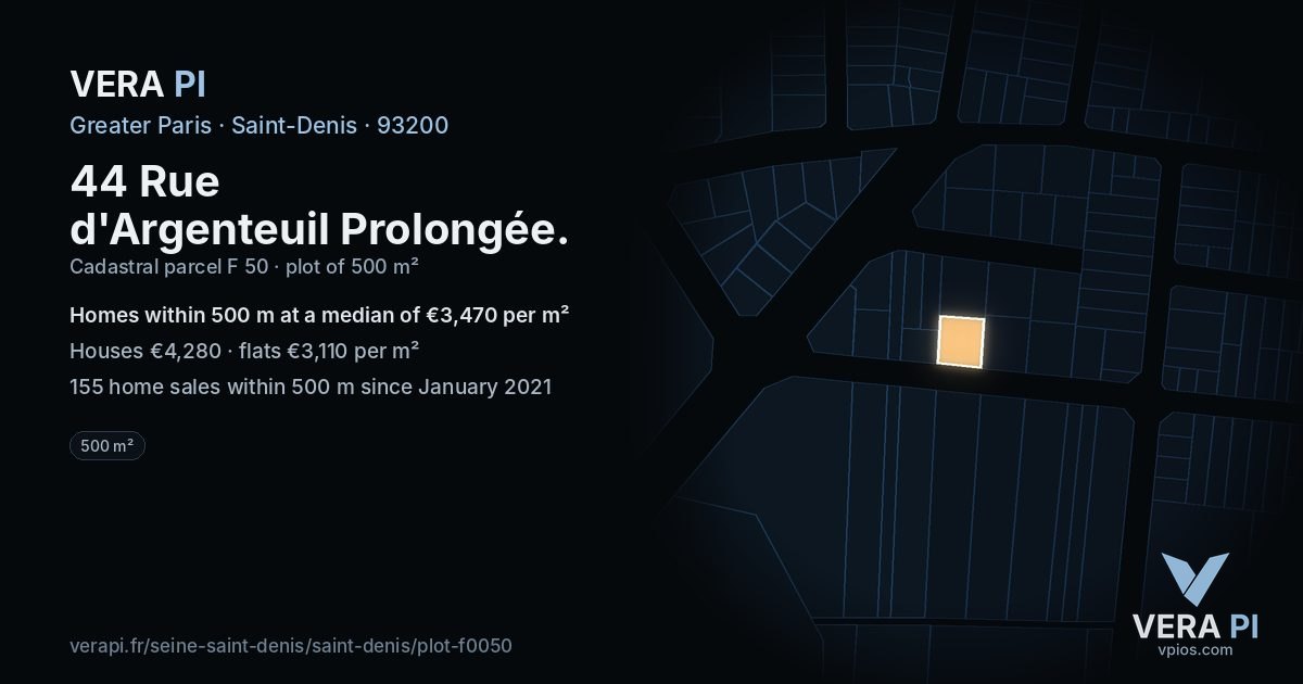 44 Rue d'Argenteuil Prolongée, Saint-Denis at night – the plot lit, the parcels around coloured by the prices near them