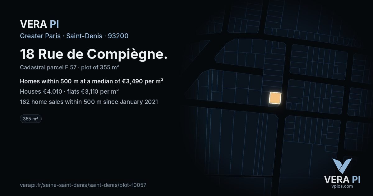 18 Rue de Compiègne, Saint-Denis at night – the plot lit, the parcels around coloured by the prices near them