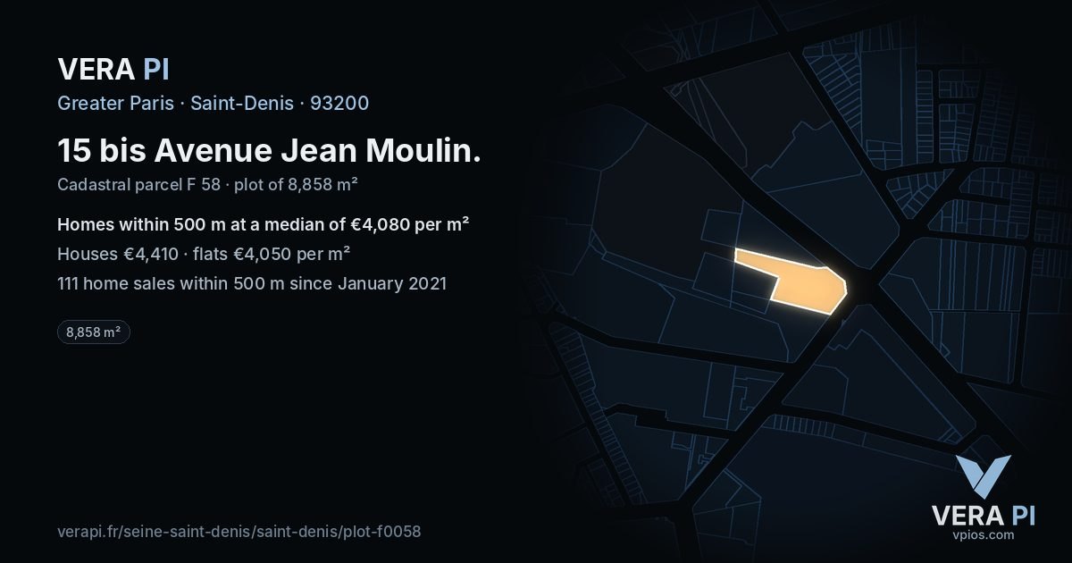 15 bis Avenue Jean Moulin, Saint-Denis at night – the plot lit, the parcels around coloured by the prices near them