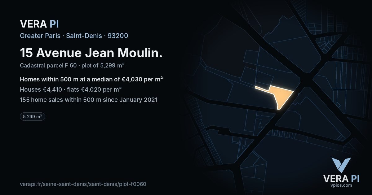 15 Avenue Jean Moulin, Saint-Denis at night – the plot lit, the parcels around coloured by the prices near them