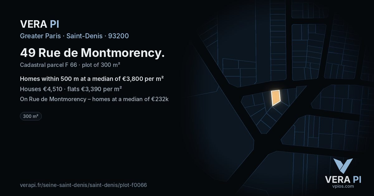 49 Rue de Montmorency, Saint-Denis at night – the plot lit, the parcels around coloured by the prices near them