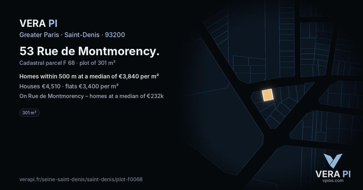 53 Rue de Montmorency, Saint-Denis at night – the plot lit, the parcels around coloured by the prices near them