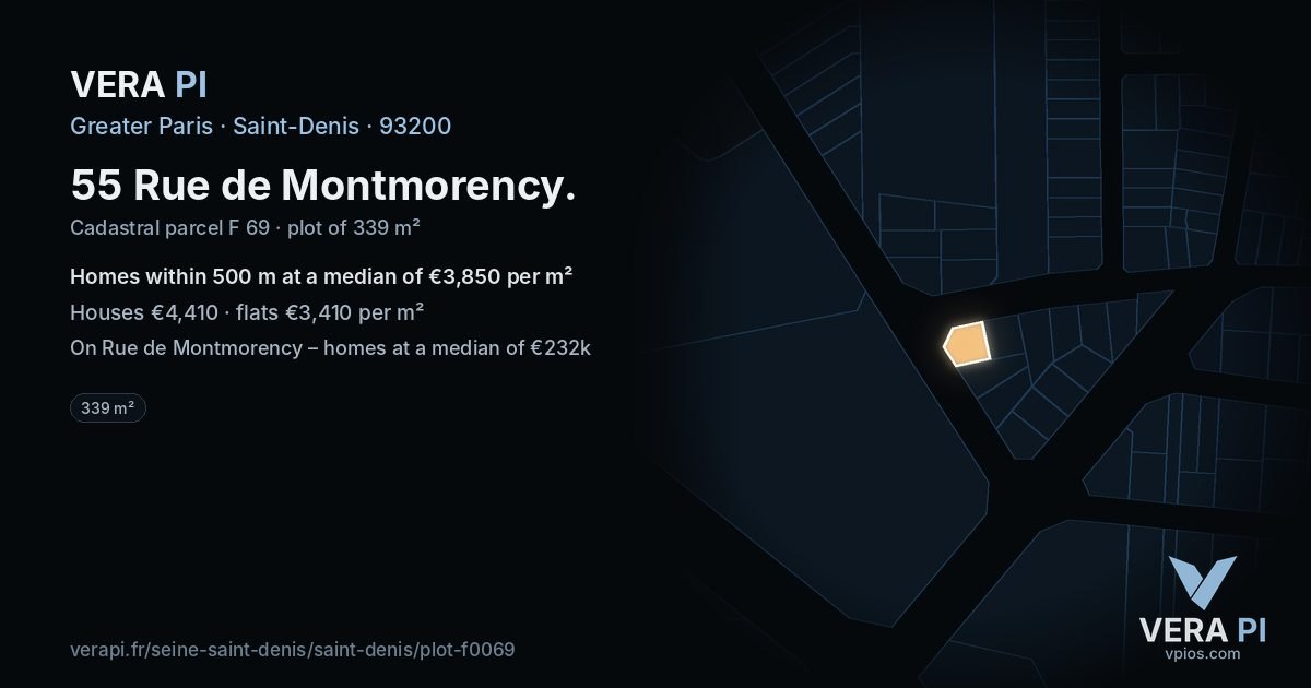 55 Rue de Montmorency, Saint-Denis at night – the plot lit, the parcels around coloured by the prices near them