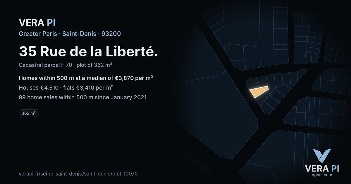 35 Rue de la Liberté, Saint-Denis at night – the plot lit, the parcels around coloured by the prices near them