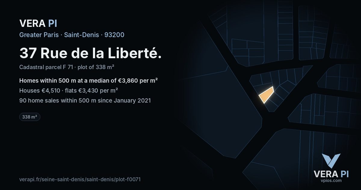 37 Rue de la Liberté, Saint-Denis at night – the plot lit, the parcels around coloured by the prices near them