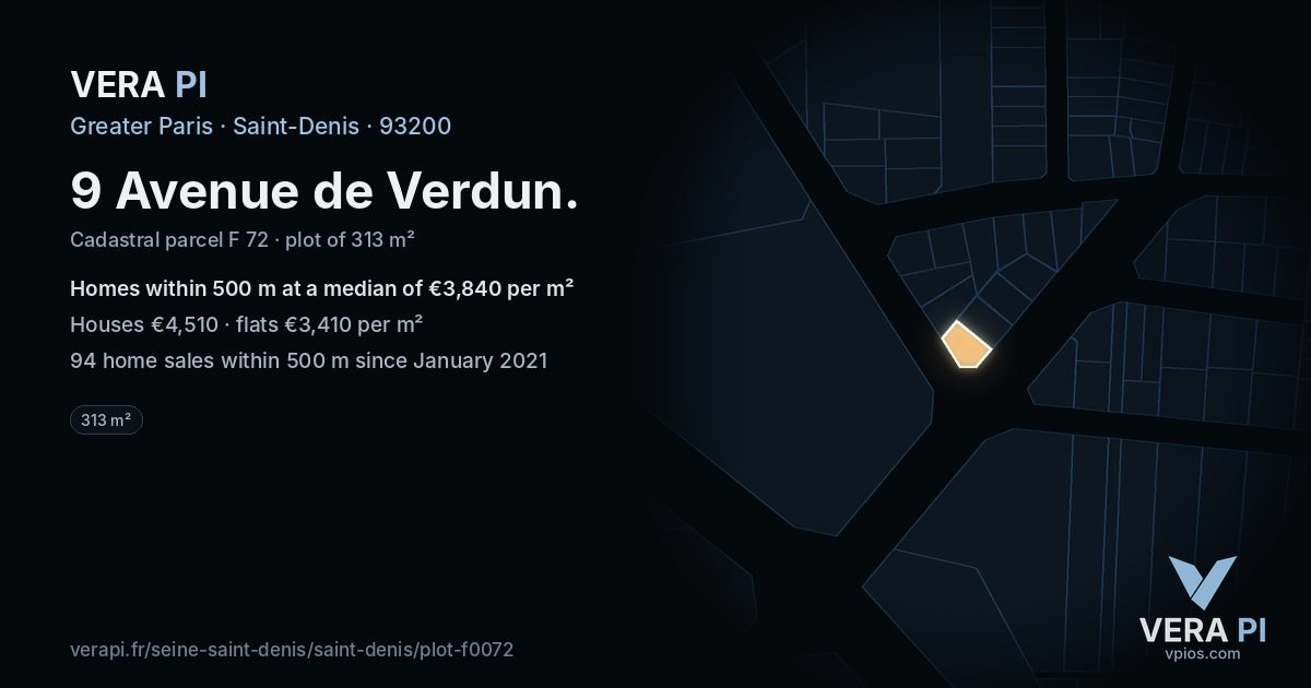 9 Avenue de Verdun, Saint-Denis at night – the plot lit, the parcels around coloured by the prices near them