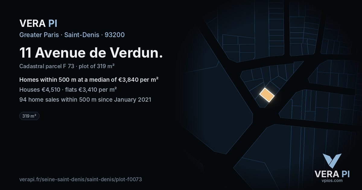 11 Avenue de Verdun, Saint-Denis at night – the plot lit, the parcels around coloured by the prices near them