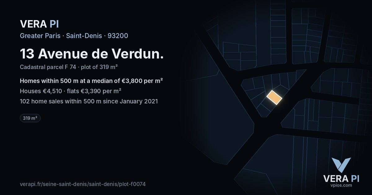 13 Avenue de Verdun, Saint-Denis at night – the plot lit, the parcels around coloured by the prices near them