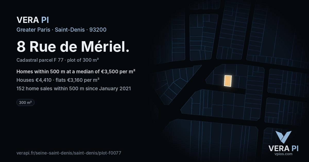 8 Rue de Mériel, Saint-Denis at night – the plot lit, the parcels around coloured by the prices near them