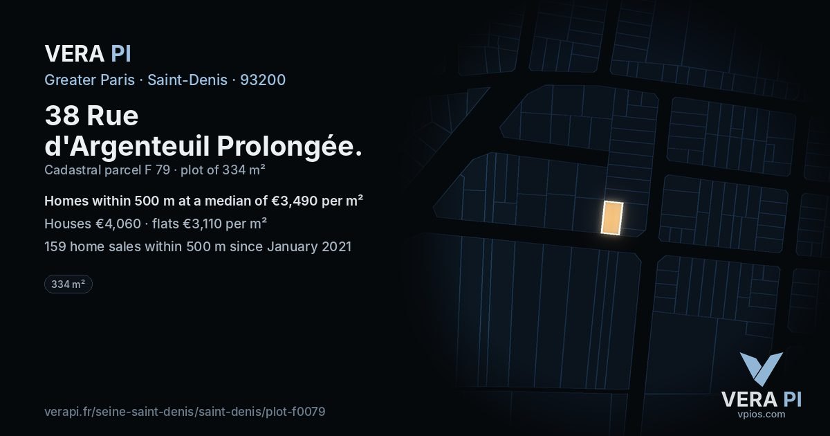 38 Rue d'Argenteuil Prolongée, Saint-Denis at night – the plot lit, the parcels around coloured by the prices near them
