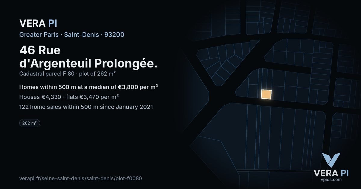 46 Rue d'Argenteuil Prolongée, Saint-Denis at night – the plot lit, the parcels around coloured by the prices near them