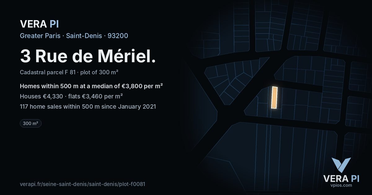 3 Rue de Mériel, Saint-Denis at night – the plot lit, the parcels around coloured by the prices near them