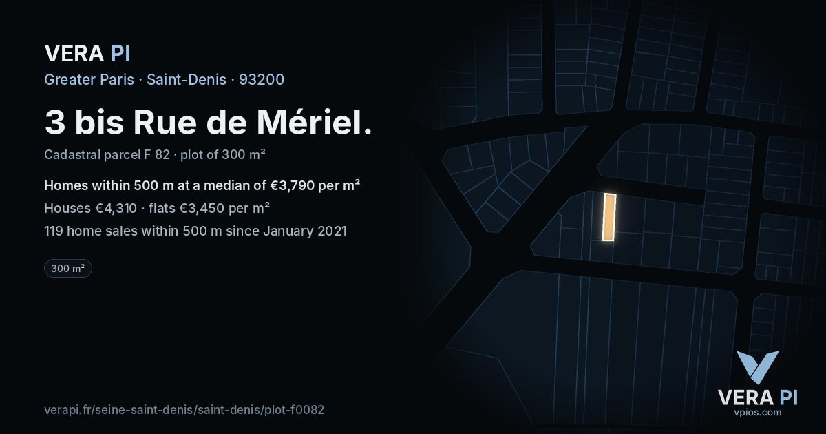 3 bis Rue de Mériel, Saint-Denis at night – the plot lit, the parcels around coloured by the prices near them