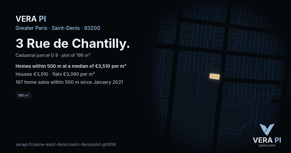 3 Rue de Chantilly, Saint-Denis at night – the plot lit, the parcels around coloured by the prices near them