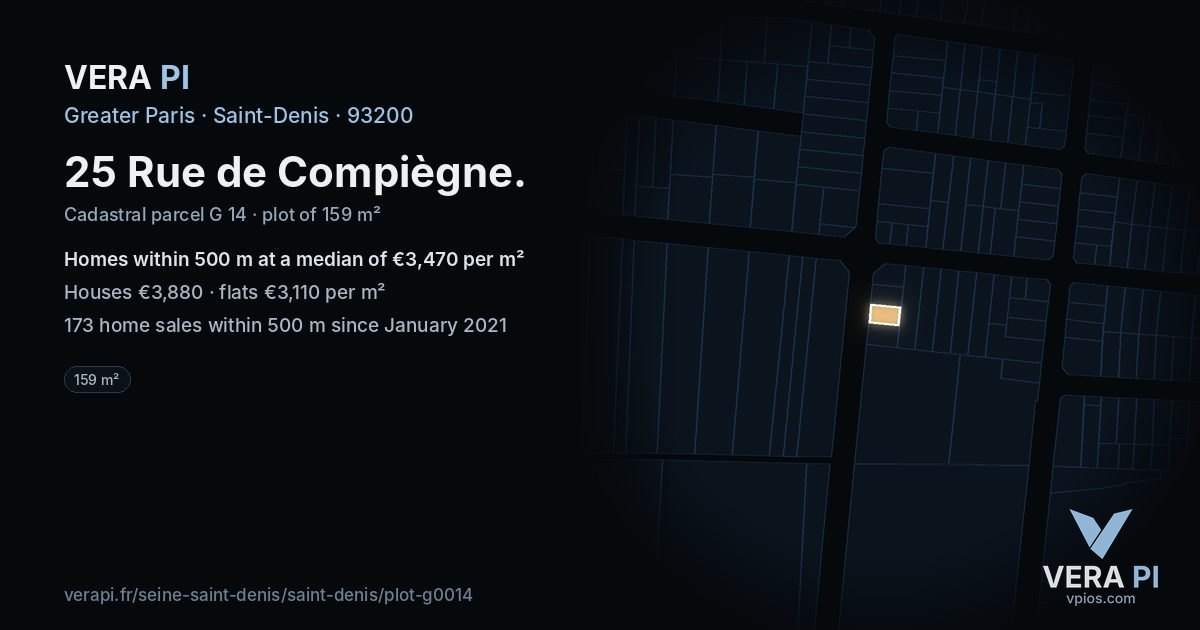 25 Rue de Compiègne, Saint-Denis at night – the plot lit, the parcels around coloured by the prices near them