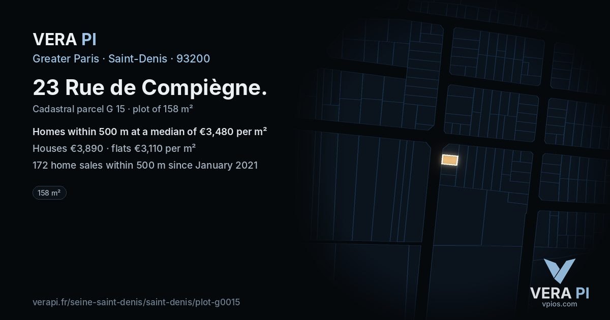 23 Rue de Compiègne, Saint-Denis at night – the plot lit, the parcels around coloured by the prices near them
