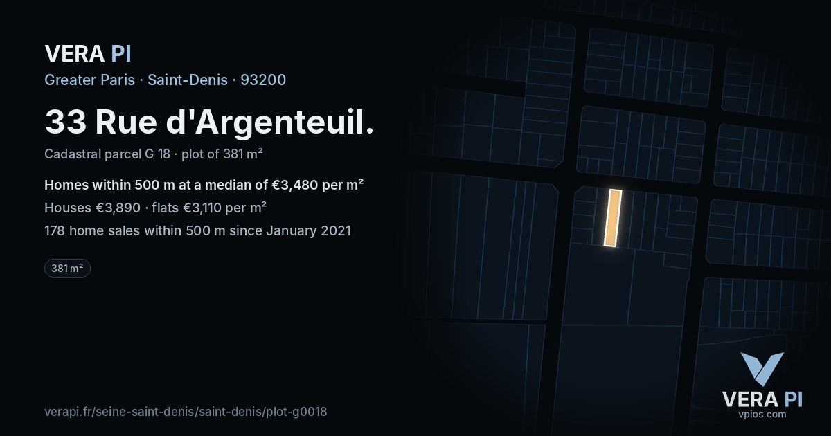 33 Rue d'Argenteuil, Saint-Denis at night – the plot lit, the parcels around coloured by the prices near them