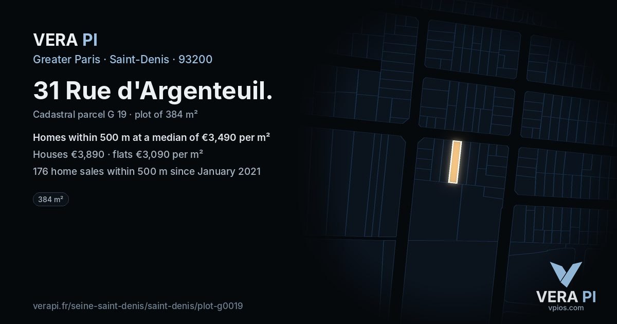 31 Rue d'Argenteuil, Saint-Denis at night – the plot lit, the parcels around coloured by the prices near them