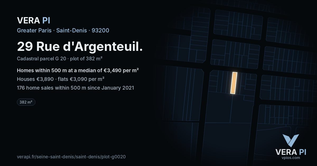 29 Rue d'Argenteuil, Saint-Denis at night – the plot lit, the parcels around coloured by the prices near them