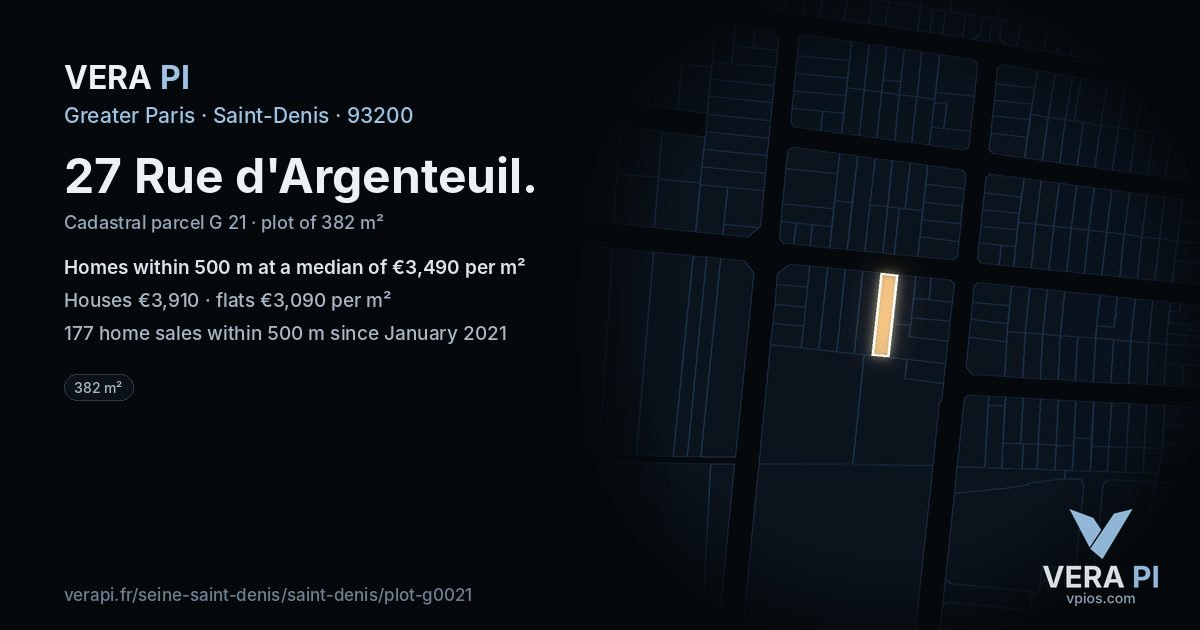 27 Rue d'Argenteuil, Saint-Denis at night – the plot lit, the parcels around coloured by the prices near them