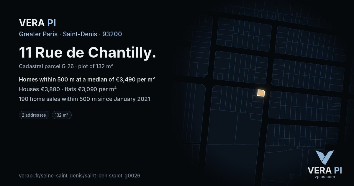 11 Rue de Chantilly, Saint-Denis at night – the plot lit, the parcels around coloured by the prices near them