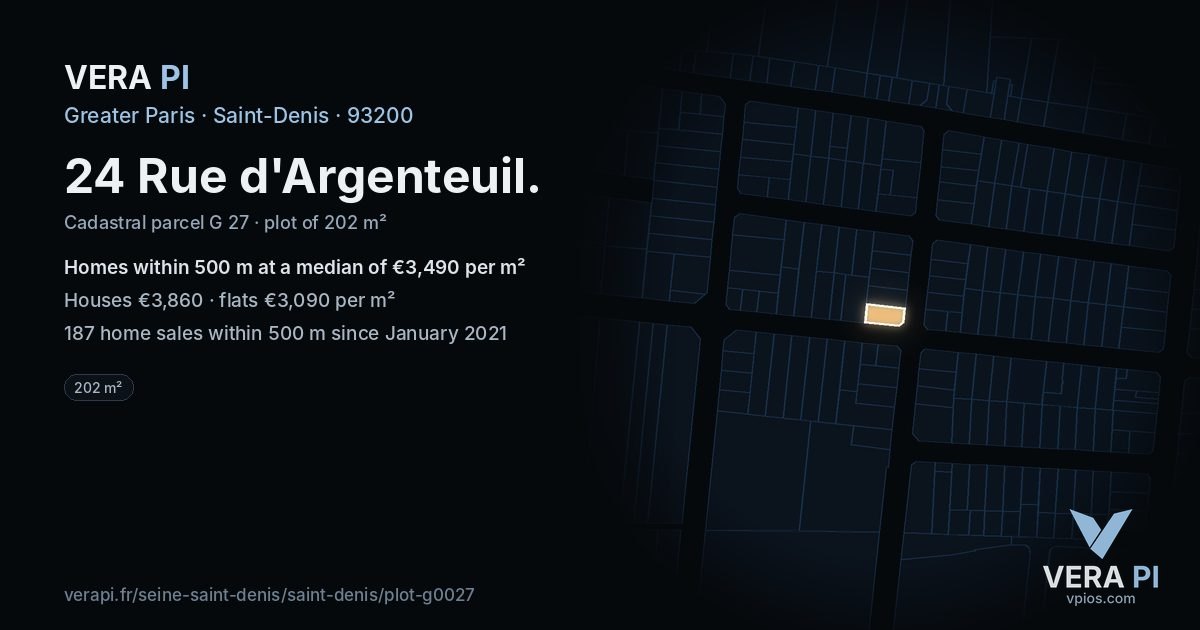 24 Rue d'Argenteuil, Saint-Denis at night – the plot lit, the parcels around coloured by the prices near them