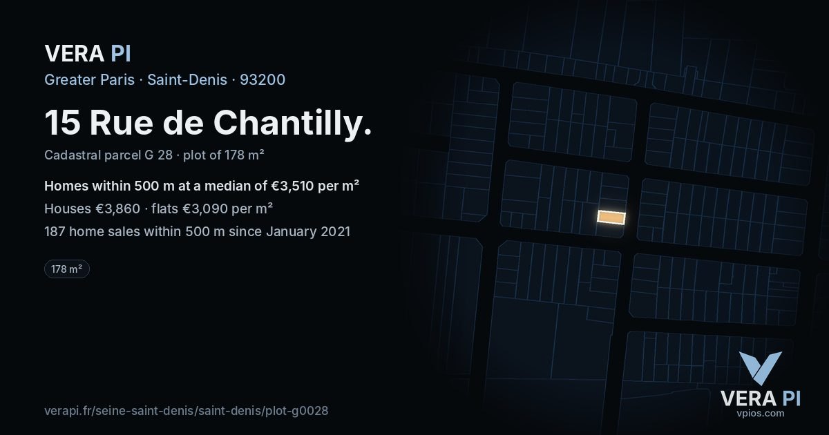 15 Rue de Chantilly, Saint-Denis at night – the plot lit, the parcels around coloured by the prices near them