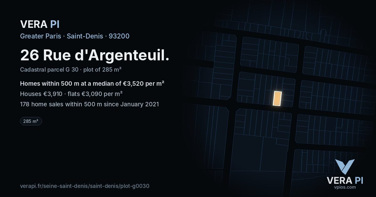 26 Rue d'Argenteuil, Saint-Denis at night – the plot lit, the parcels around coloured by the prices near them