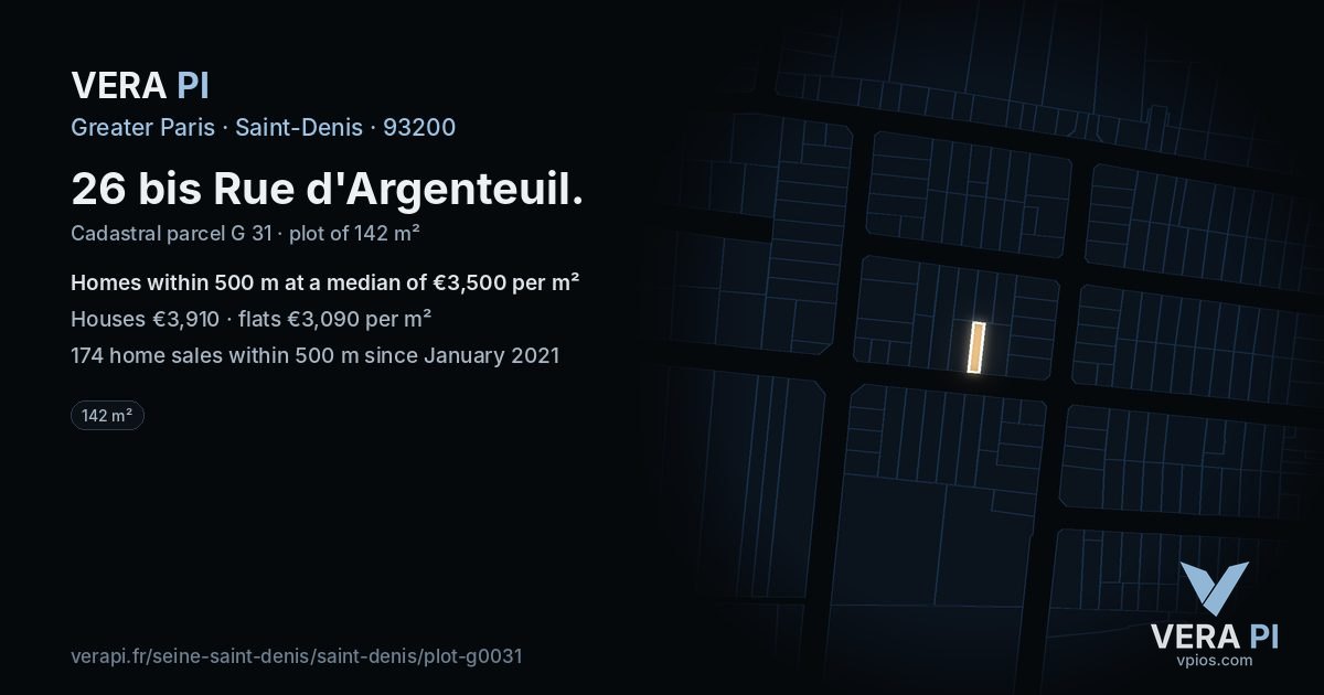 26 bis Rue d'Argenteuil, Saint-Denis at night – the plot lit, the parcels around coloured by the prices near them