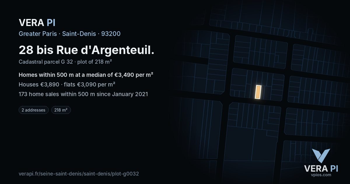 28 bis Rue d'Argenteuil, Saint-Denis at night – the plot lit, the parcels around coloured by the prices near them
