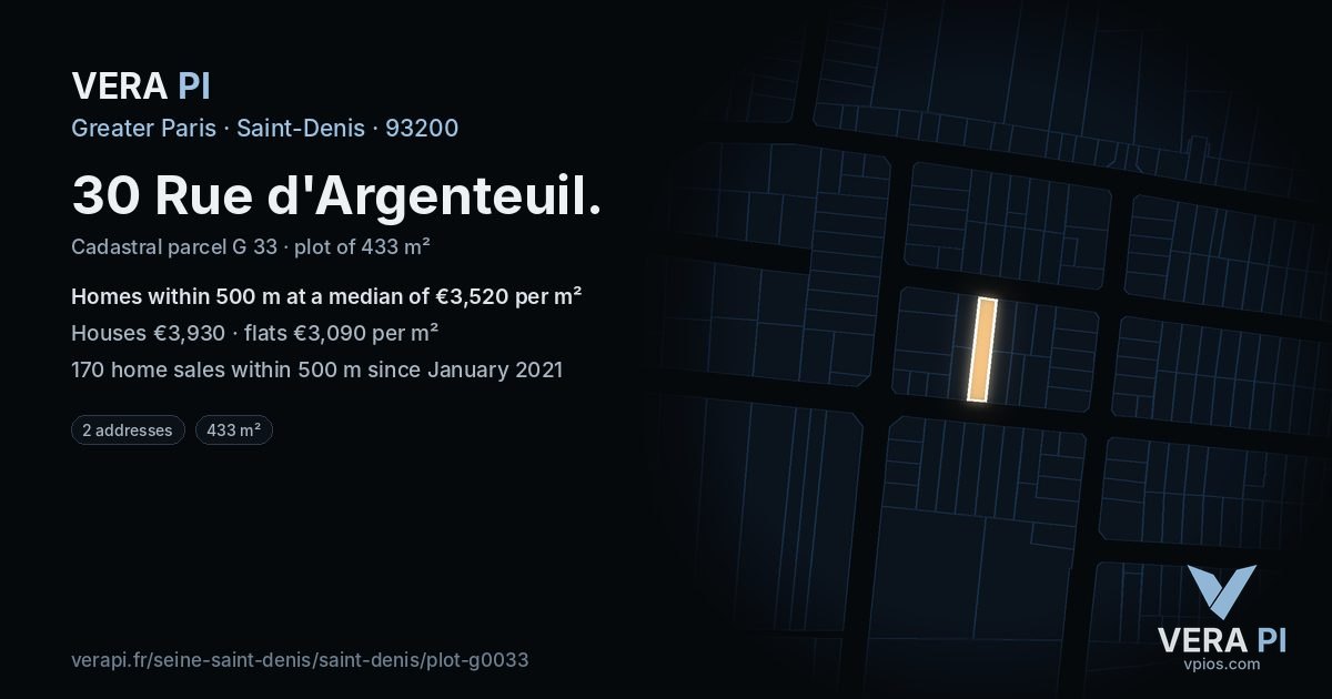 30 Rue d'Argenteuil, Saint-Denis at night – the plot lit, the parcels around coloured by the prices near them