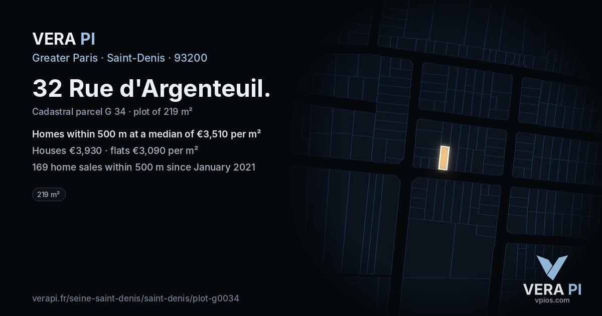 32 Rue d'Argenteuil, Saint-Denis at night – the plot lit, the parcels around coloured by the prices near them