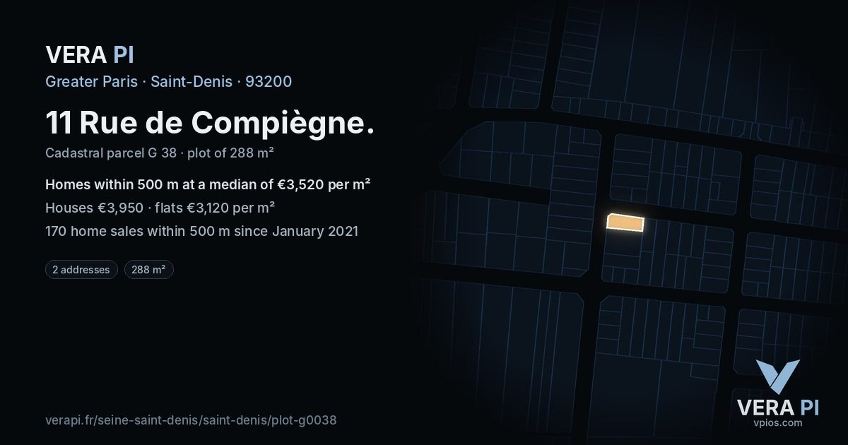 11 Rue de Compiègne, Saint-Denis at night – the plot lit, the parcels around coloured by the prices near them