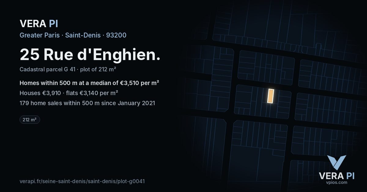 25 Rue d'Enghien, Saint-Denis at night – the plot lit, the parcels around coloured by the prices near them
