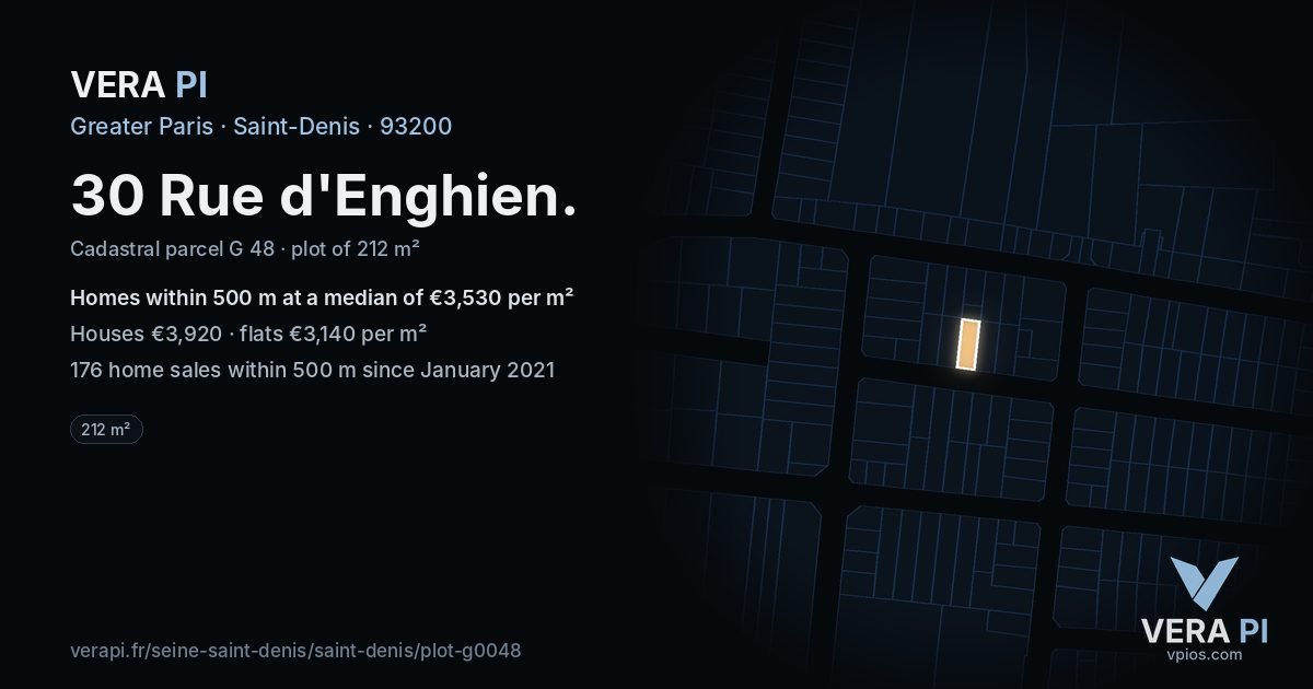 30 Rue d'Enghien, Saint-Denis at night – the plot lit, the parcels around coloured by the prices near them
