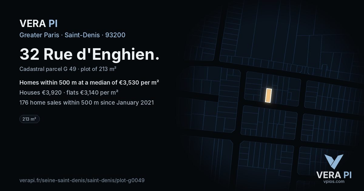 32 Rue d'Enghien, Saint-Denis at night – the plot lit, the parcels around coloured by the prices near them