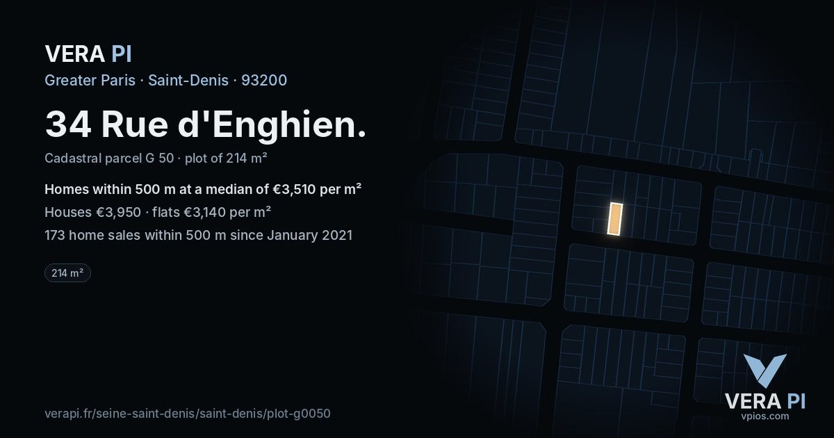 34 Rue d'Enghien, Saint-Denis at night – the plot lit, the parcels around coloured by the prices near them
