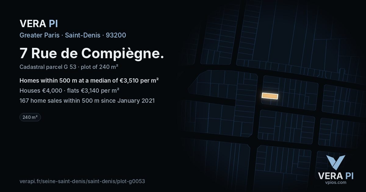 7 Rue de Compiègne, Saint-Denis at night – the plot lit, the parcels around coloured by the prices near them