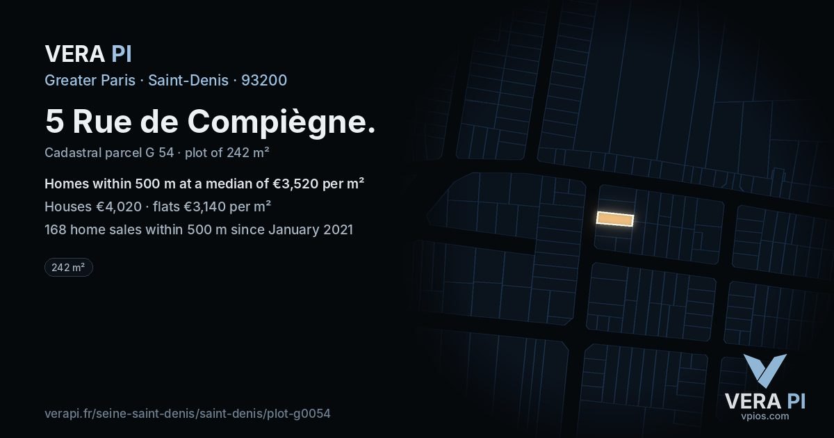5 Rue de Compiègne, Saint-Denis at night – the plot lit, the parcels around coloured by the prices near them
