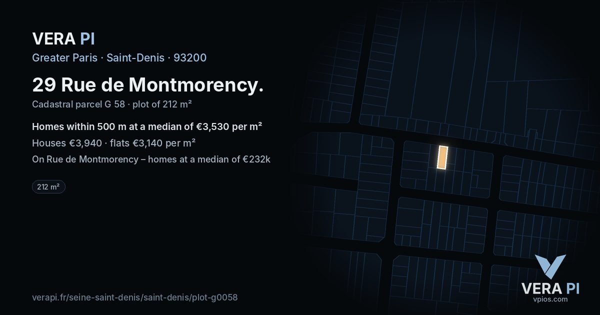 29 Rue de Montmorency, Saint-Denis at night – the plot lit, the parcels around coloured by the prices near them