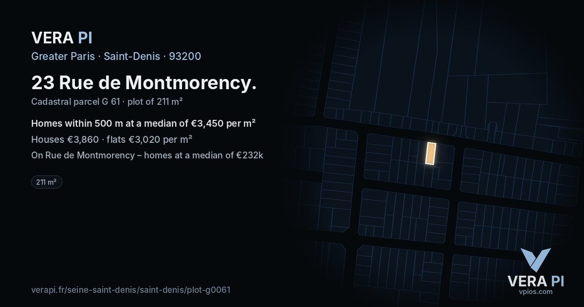 23 Rue de Montmorency, Saint-Denis at night – the plot lit, the parcels around coloured by the prices near them