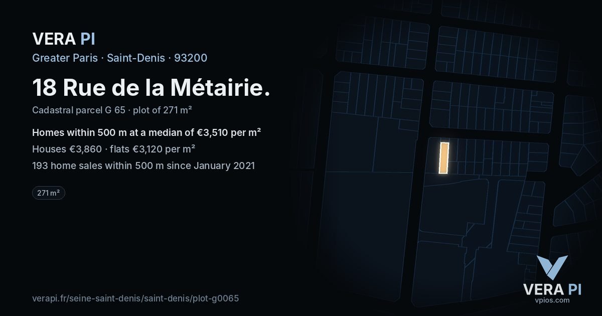 18 Rue de la Métairie, Saint-Denis at night – the plot lit, the parcels around coloured by the prices near them