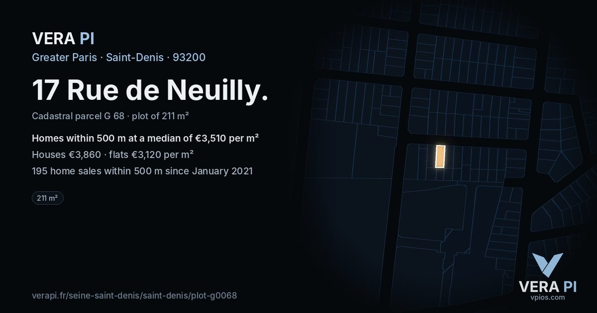 17 Rue de Neuilly, Saint-Denis at night – the plot lit, the parcels around coloured by the prices near them