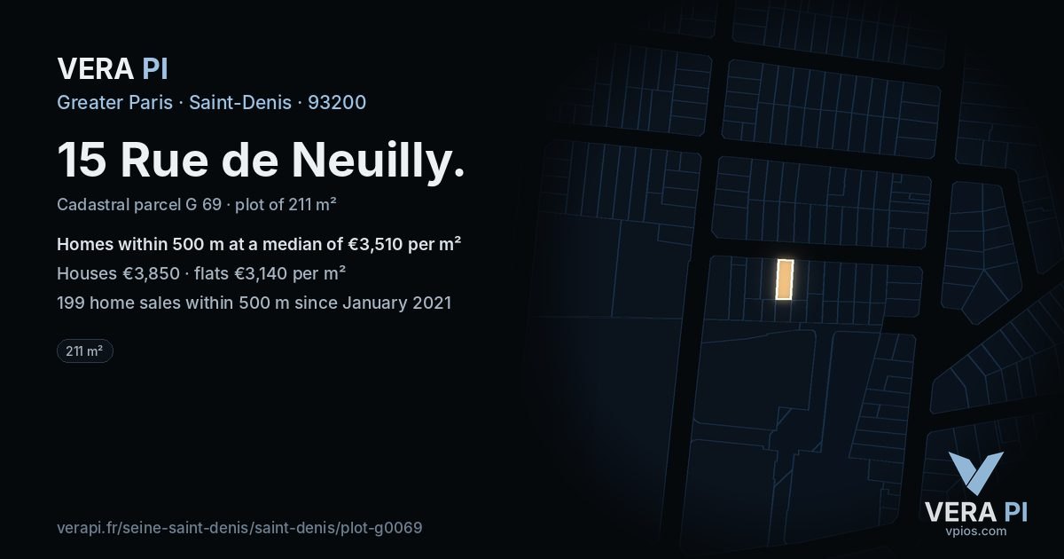 15 Rue de Neuilly, Saint-Denis at night – the plot lit, the parcels around coloured by the prices near them