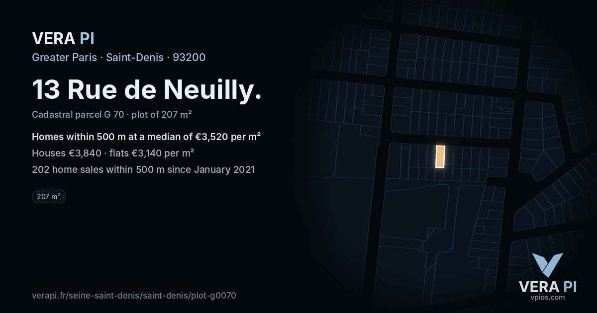 13 Rue de Neuilly, Saint-Denis at night – the plot lit, the parcels around coloured by the prices near them
