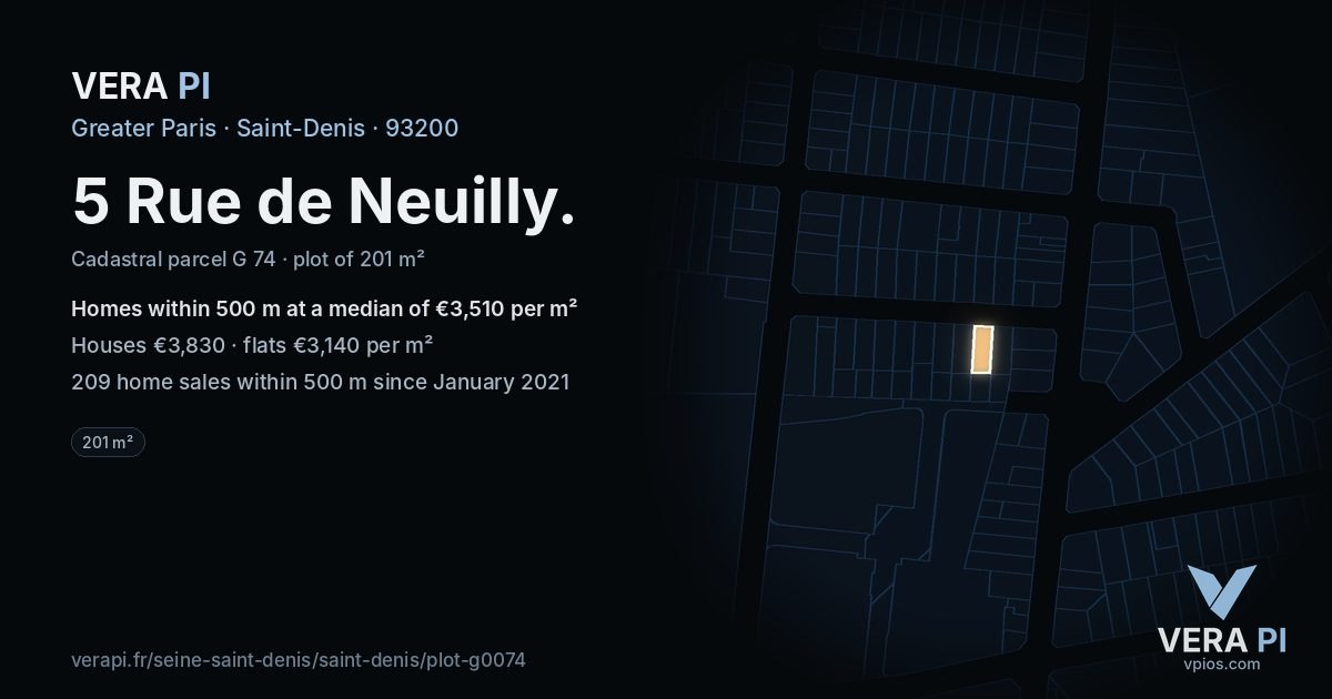 5 Rue de Neuilly, Saint-Denis at night – the plot lit, the parcels around coloured by the prices near them