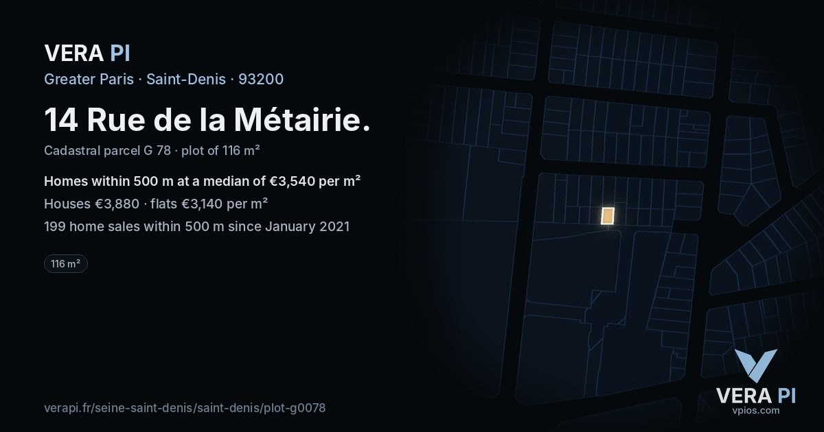 14 Rue de la Métairie, Saint-Denis at night – the plot lit, the parcels around coloured by the prices near them