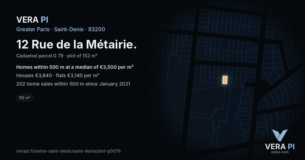 12 Rue de la Métairie, Saint-Denis at night – the plot lit, the parcels around coloured by the prices near them