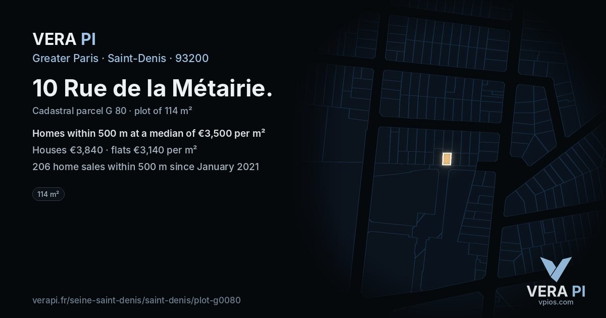 10 Rue de la Métairie, Saint-Denis at night – the plot lit, the parcels around coloured by the prices near them